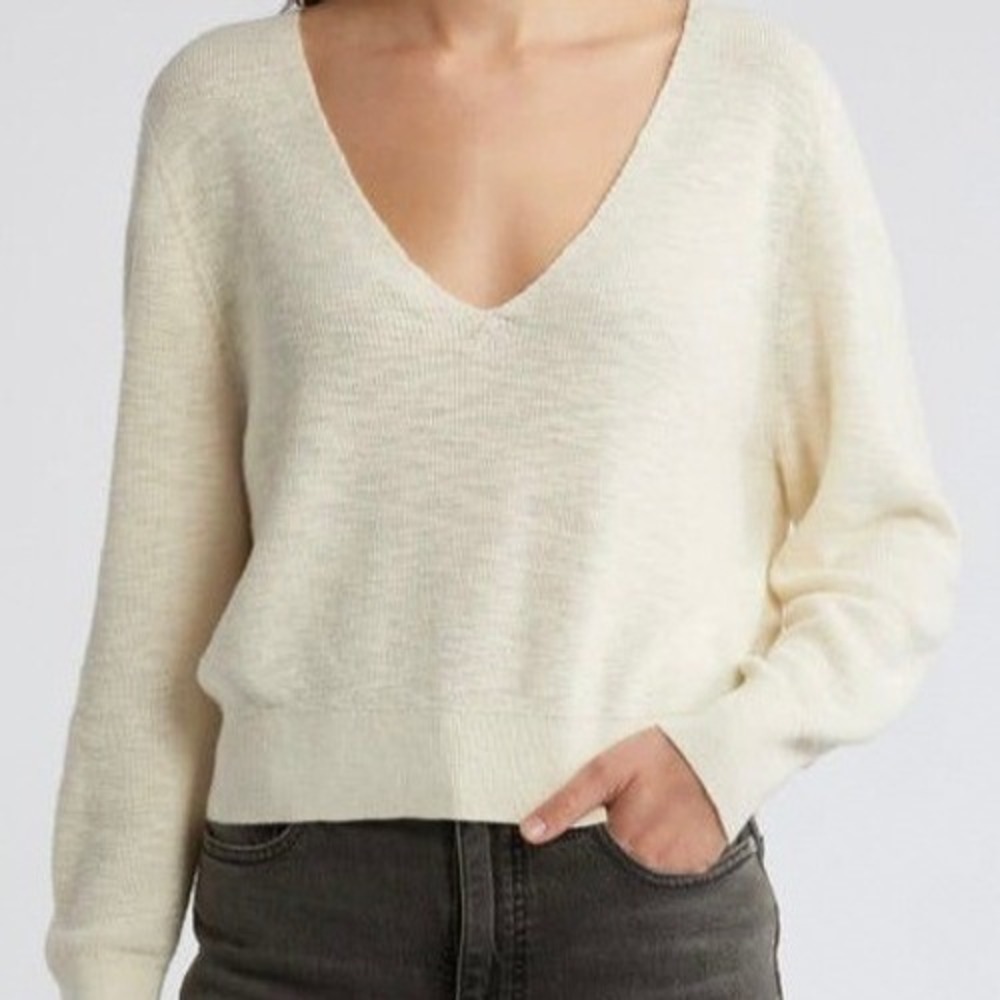 treasure & bond Boho Coastal shrunken cotton & linen sweater ivory dove SZ